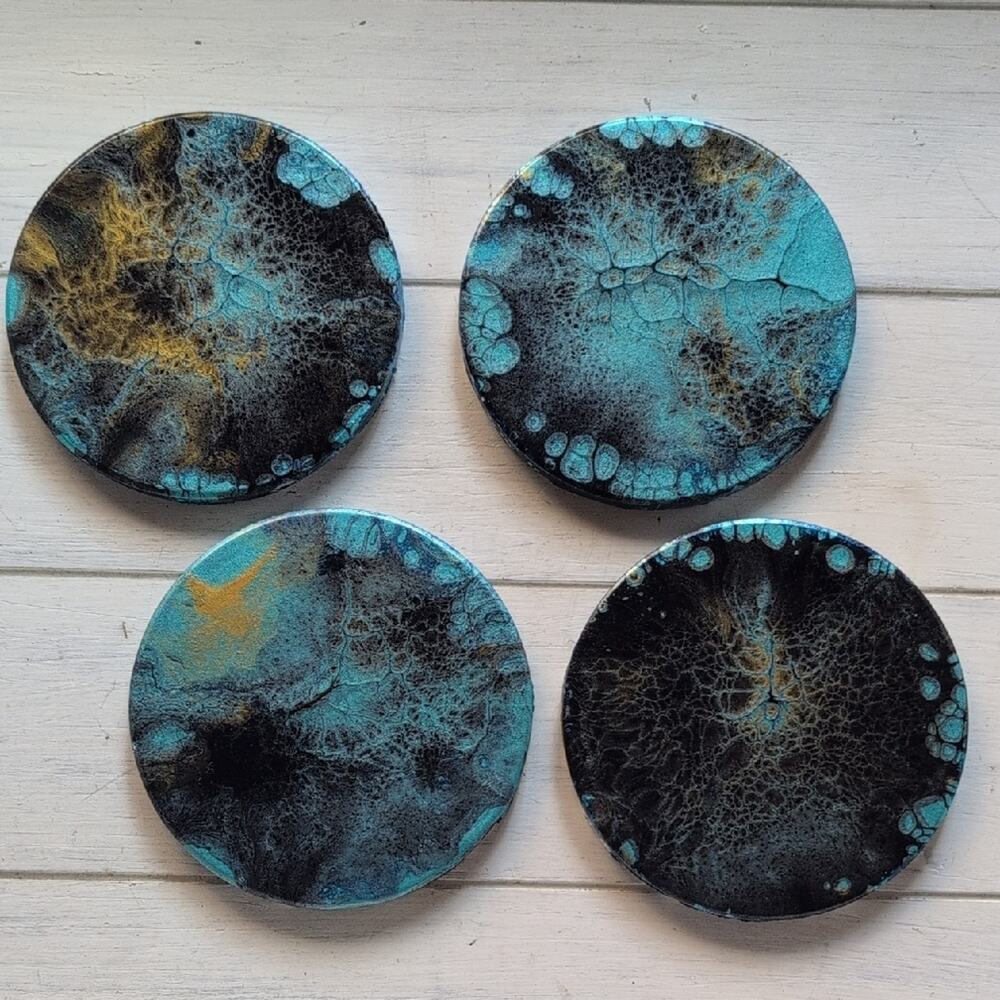 Handmade Acrylic Fluid Art Coasters Set Turquoise & Dark Blue with Gold Accents